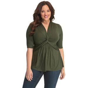 Kiyonna Top 1X Olive Green Caycee Twist Twist Front Slimming Empire Waistline